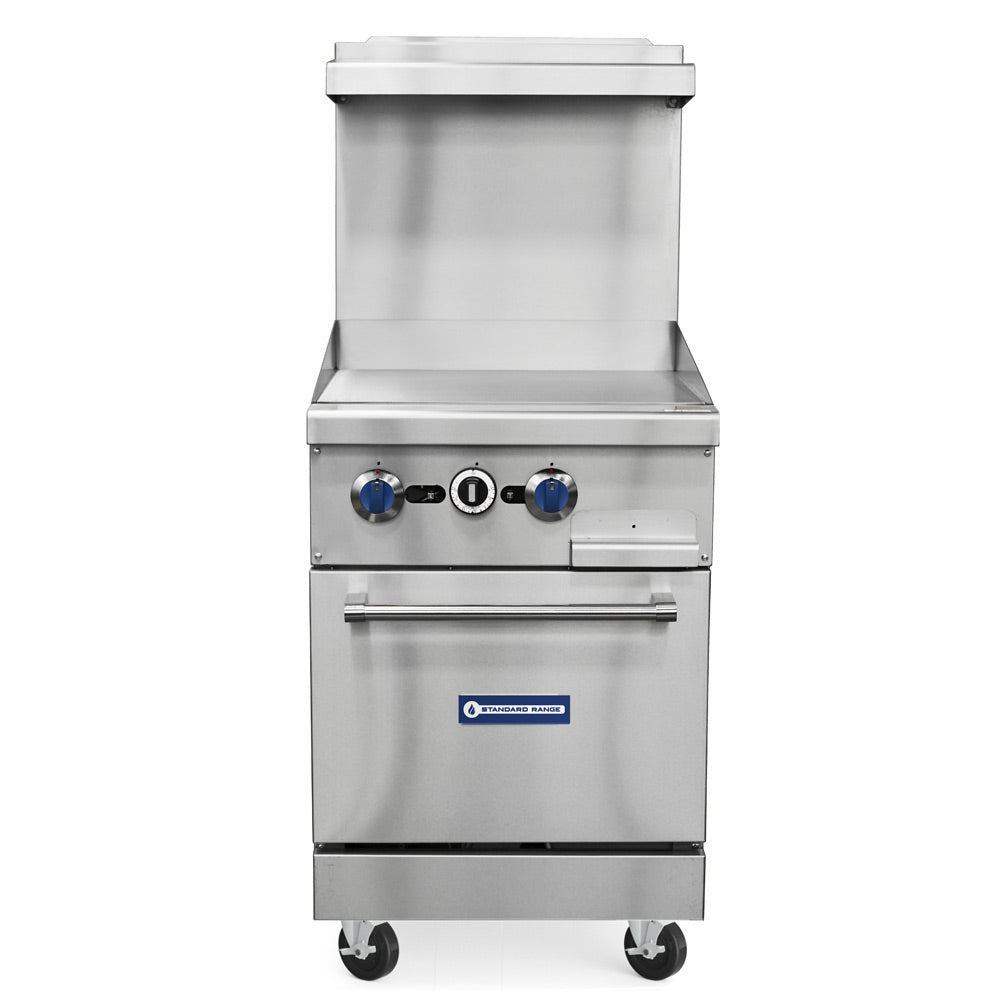 Standard Range SR-R24-24MG-NG 24-inch natural gas commercial range with 24-inch griddle top and oven 93000 BTU for compact cooking in restaurants cafes and commercial kitchens