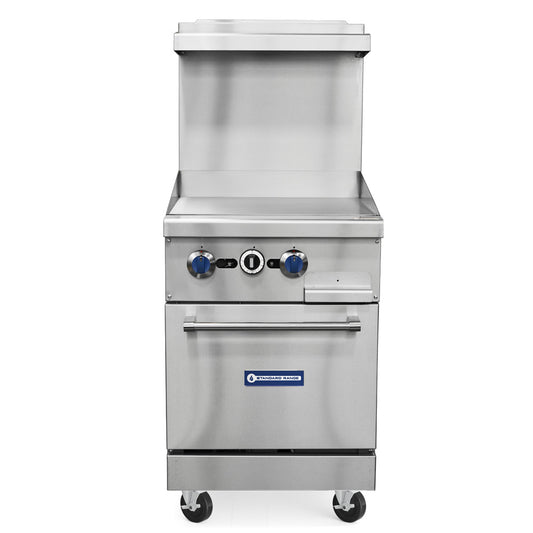Standard Range SR-R24-24MG-NG 24-inch natural gas commercial range with 24-inch griddle top and oven 93000 BTU for compact cooking in restaurants cafes and commercial kitchens