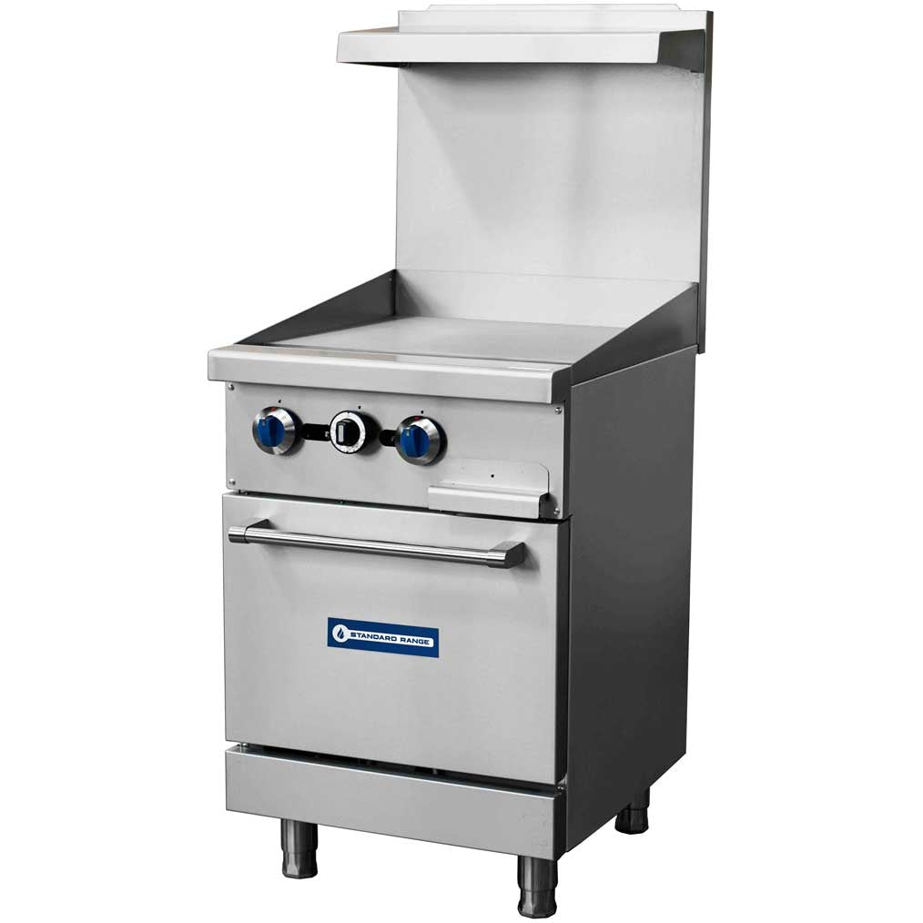 Standard Range SR-R24-24MG-NG 24-inch natural gas commercial range with 24-inch griddle top and oven 93000 BTU for compact cooking in restaurants cafes and commercial kitchens