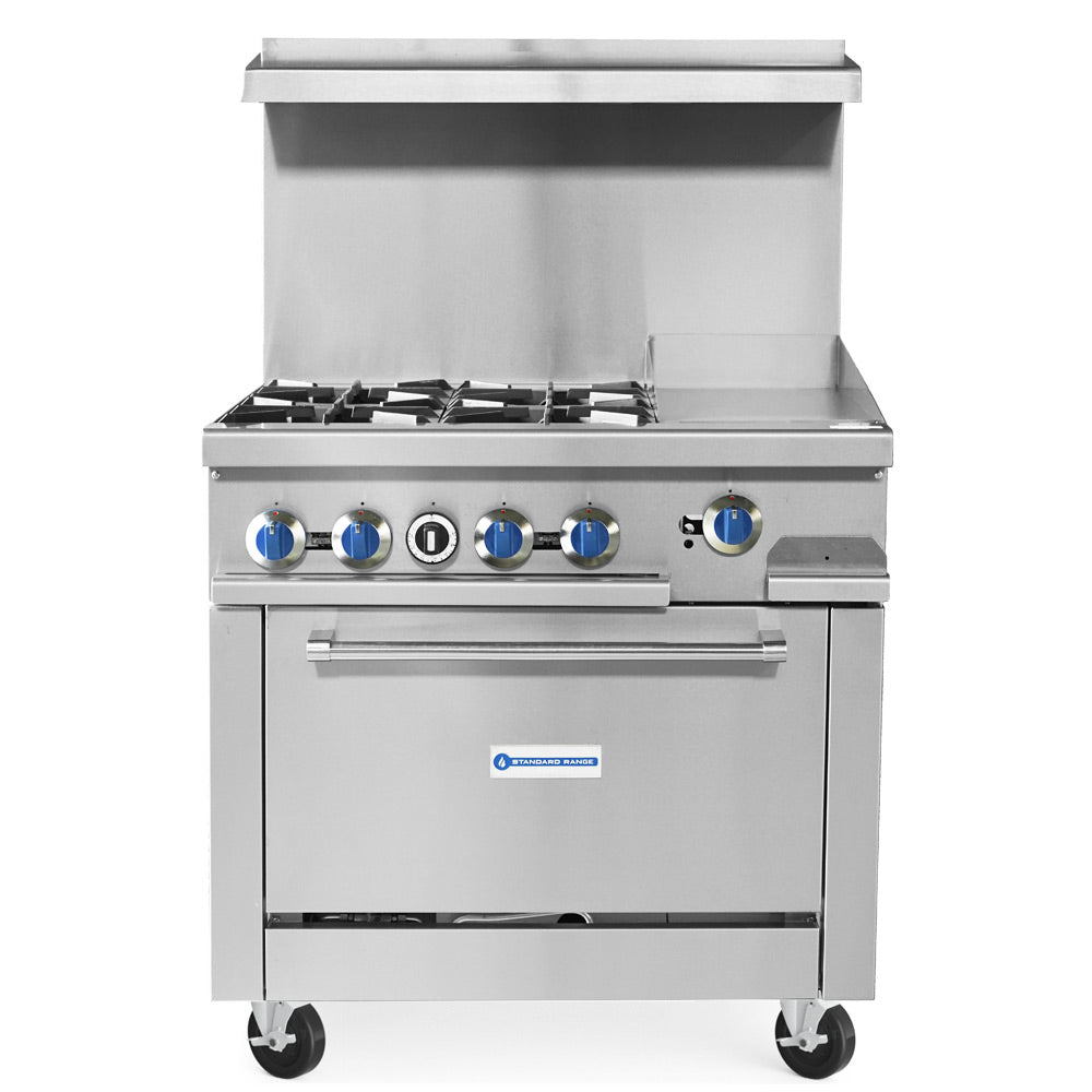 Standard Range SR-R36-12MG-NG 36-inch natural gas commercial range with 4 burners, 12-inch griddle top and oven 153000 BTU for versatile cooking in restaurants cafes and commercial kitchens