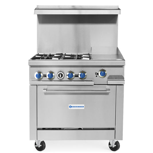 Standard Range SR-R36-12MG-NG 36-inch natural gas commercial range with 4 burners, 12-inch griddle top and oven 153000 BTU for versatile cooking in restaurants cafes and commercial kitchens