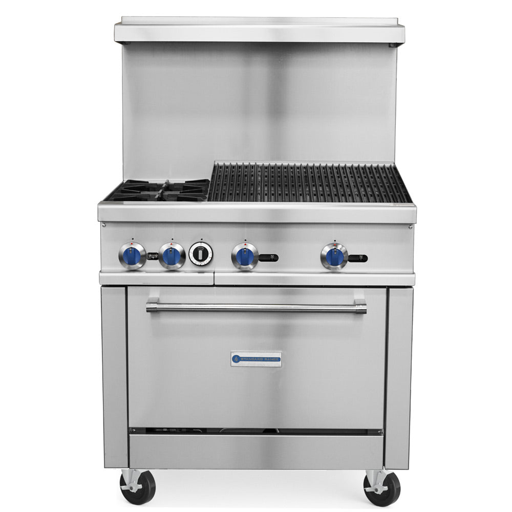 Standard Range SR-R36-24CB-LP 36-inch liquid propane commercial range with char-broiler top, 2 burners and oven 163000 BTU for versatile grilling and cooking in restaurants and commercial kitchens