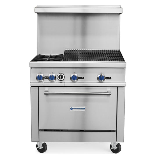 Standard Range SR-R36-24CB-LP 36-inch liquid propane commercial range with char-broiler top, 2 burners and oven 163000 BTU for versatile grilling and cooking in restaurants and commercial kitchens