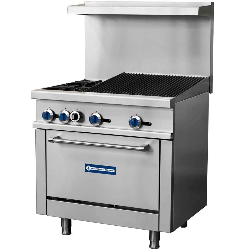 Standard Range SR-R36-24CB-NG 36-inch natural gas commercial range with char-broiler top, 2 burners and oven 163000 BTU for versatile grilling and cooking in restaurants and commercial kitchens