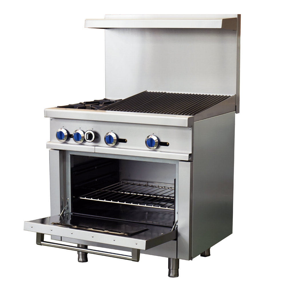 Standard Range SR-R36-24CB-LP 36-inch liquid propane commercial range with char-broiler top, 2 burners and oven 163000 BTU for versatile grilling and cooking in restaurants and commercial kitchens
