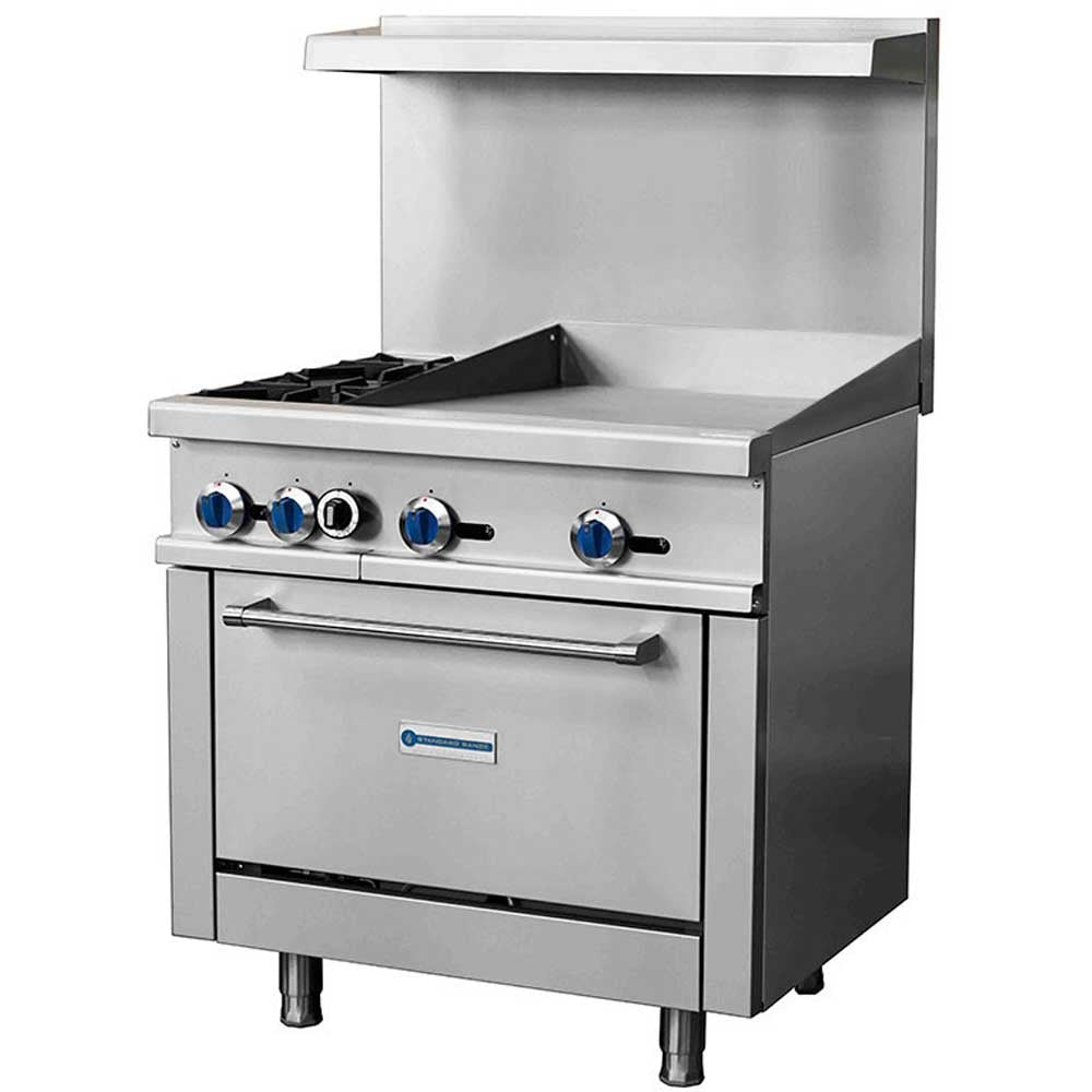 Standard Range SR-R36-36MG-LP 36-inch liquid propane commercial range with 36-inch griddle top and oven 123000 BTU for efficient flat-top cooking in restaurants cafes and commercial kitchens