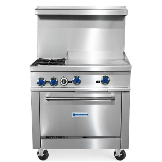 Standard Range SR-R36-36MG-LP 36-inch liquid propane commercial range with 36-inch griddle top and oven 123000 BTU for efficient flat-top cooking in restaurants cafes and commercial kitchens