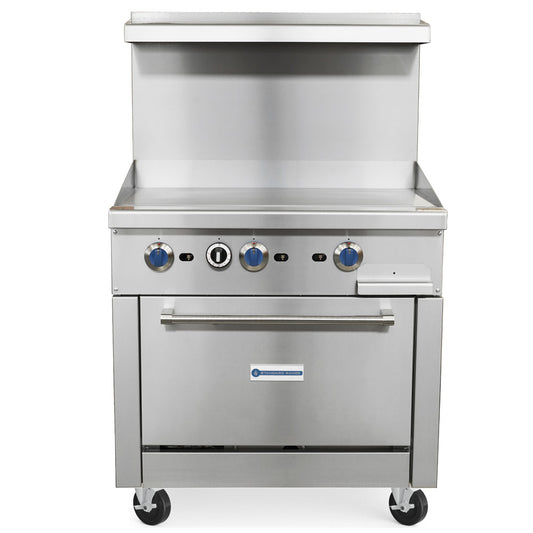 Standard Range SR-R36-36MG-NG 36-inch natural gas commercial range with 36-inch griddle top and oven 123000 BTU for efficient flat-top cooking in restaurants cafes and commercial kitchens