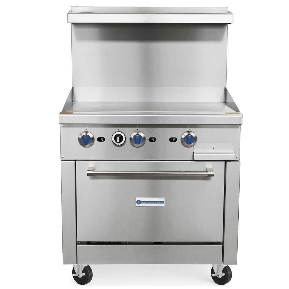 Standard Range SR-R36-36MG-LP 36-inch liquid propane commercial range with 36-inch griddle top and oven 123000 BTU for efficient flat-top cooking in restaurants cafes and commercial kitchens