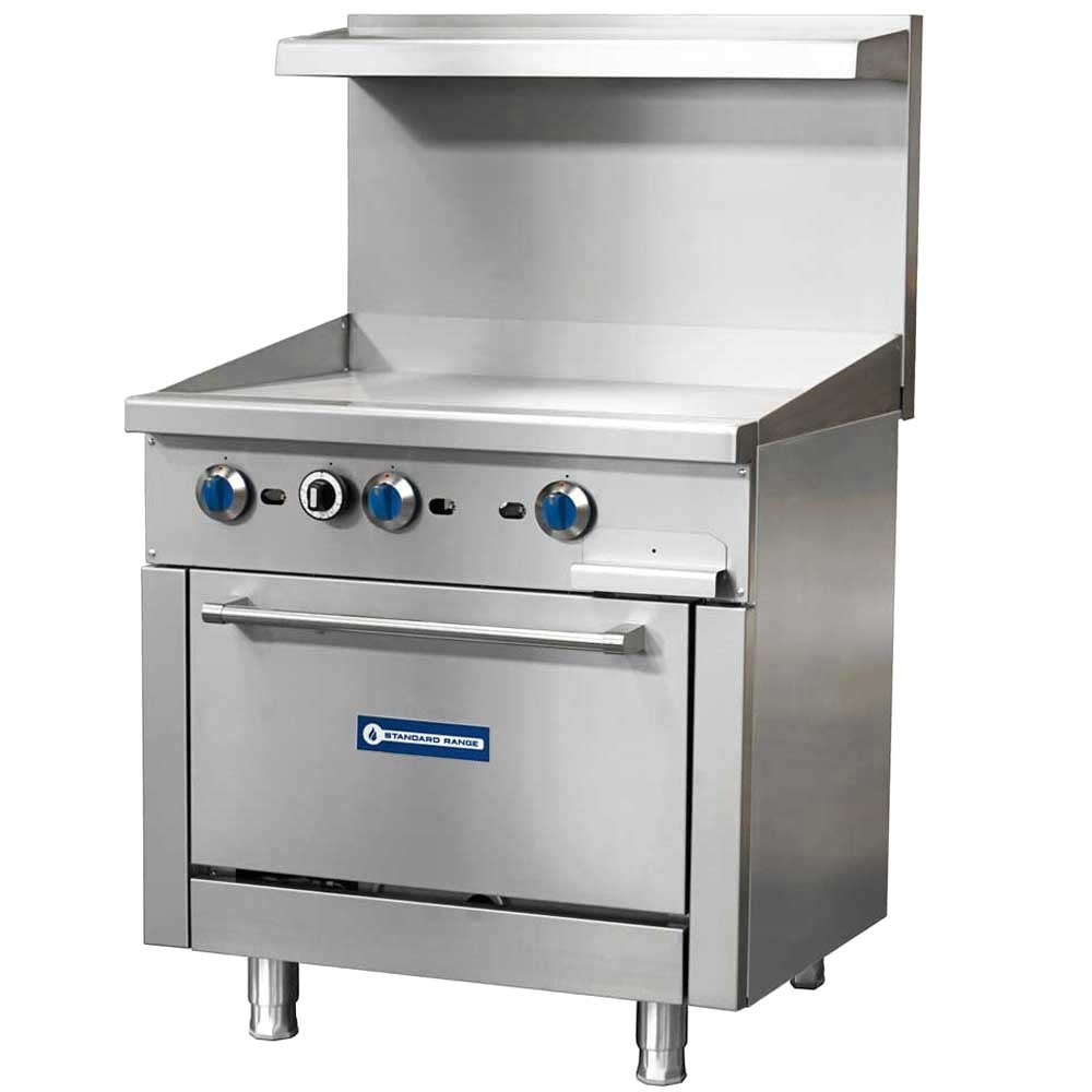 Standard Range SR-R36-36MG-NG 36-inch natural gas commercial range with 36-inch griddle top and oven 123000 BTU for efficient flat-top cooking in restaurants cafes and commercial kitchens