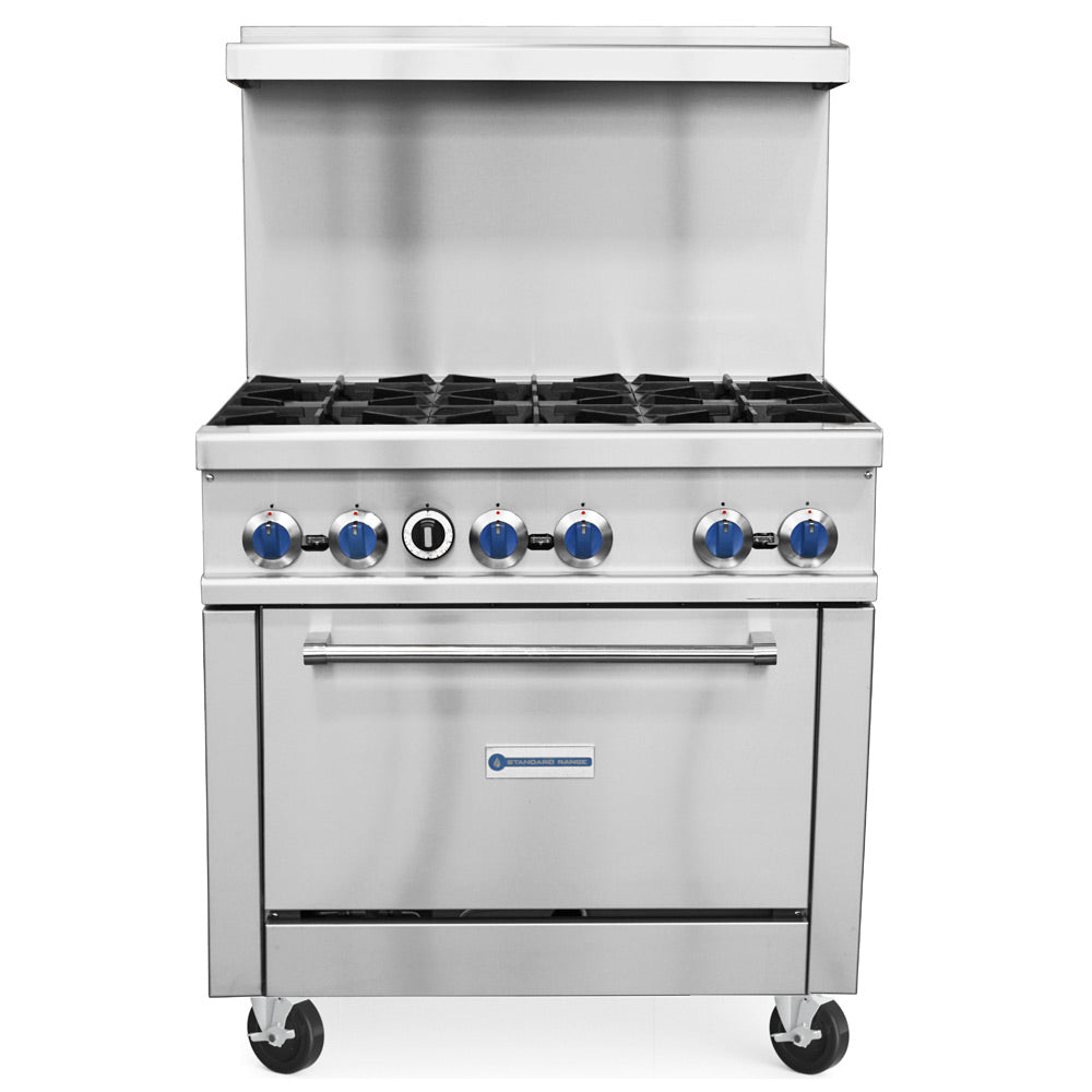 Standard Range SR-R36-LP 36-inch liquid propane commercial range with 6 burners and oven 213000 BTU for high-capacity cooking in restaurants cafes and commercial kitchens