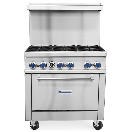 Standard Range SR-R36-LP 36-inch liquid propane commercial range with 6 burners and oven 213000 BTU for high-capacity cooking in restaurants cafes and commercial kitchens