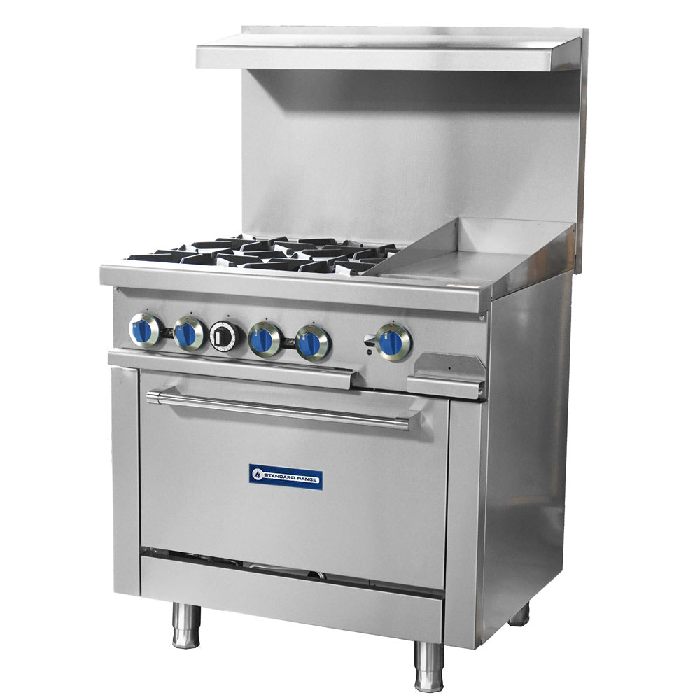 Standard Range SR-R36-12MG-LP 36-inch liquid propane commercial range with 4 burners, 12-inch griddle top and oven 153000 BTU for versatile cooking in restaurants cafes and commercial kitchens