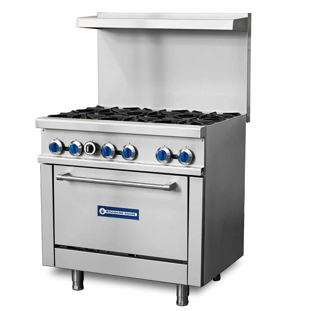 Standard Range SR-R36-LP 36-inch liquid propane commercial range with 6 burners and oven 213000 BTU for high-capacity cooking in restaurants cafes and commercial kitchens