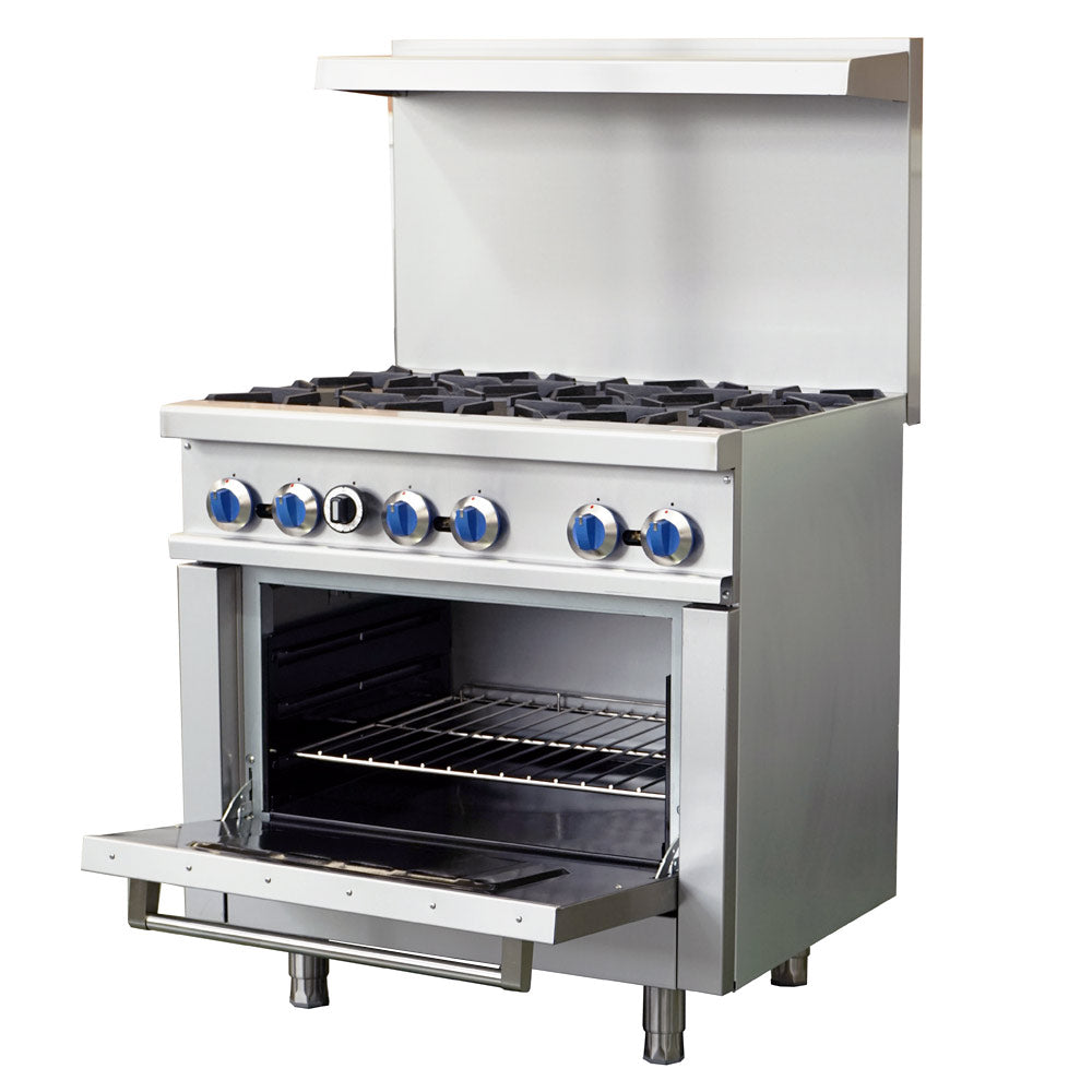 Standard Range SR-R36-NG 36-inch natural gas commercial range with 6 burners and oven 213000 BTU for high-capacity cooking in restaurants cafes and commercial kitchens