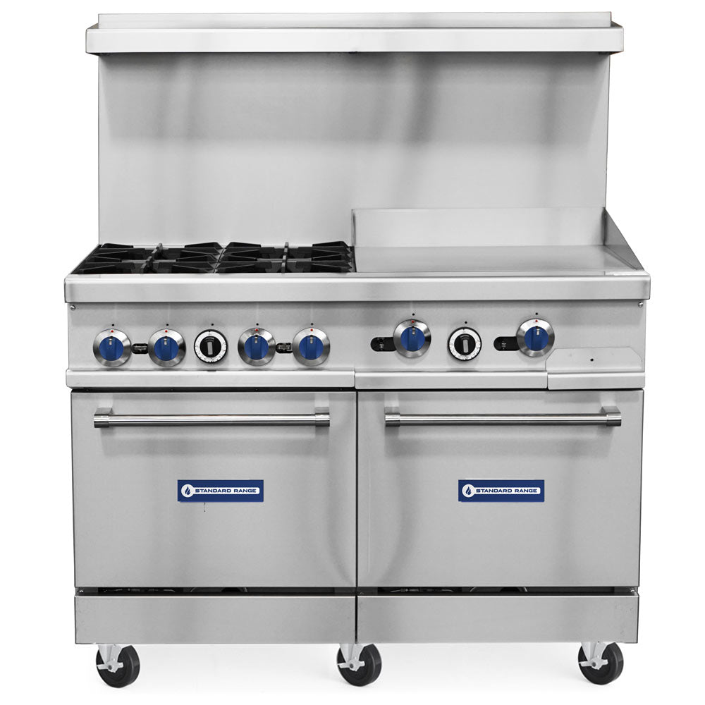 Standard Range SR-R48-24CB-NG 48-inch natural gas commercial range with 4 burners, 24-inch char-broiler top and 2 ovens 256000 BTU for versatile grilling and cooking in restaurants and commercial kitchens