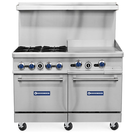 Standard Range SR-R48-24CB-NG 48-inch natural gas commercial range with 4 burners, 24-inch char-broiler top and 2 ovens 256000 BTU for versatile grilling and cooking in restaurants and commercial kitchens