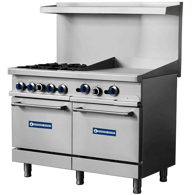 Standard Range SR-R48-24CB-NG 48-inch natural gas commercial range with 4 burners, 24-inch char-broiler top and 2 ovens 256000 BTU for versatile grilling and cooking in restaurants and commercial kitchens