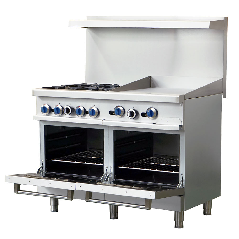 Standard Range SR-R48-24CB-LP 48-inch liquid propane commercial range with 4 burners, 24-inch char-broiler top and 2 ovens 256000 BTU for versatile grilling and cooking in restaurants and commercial kitchens