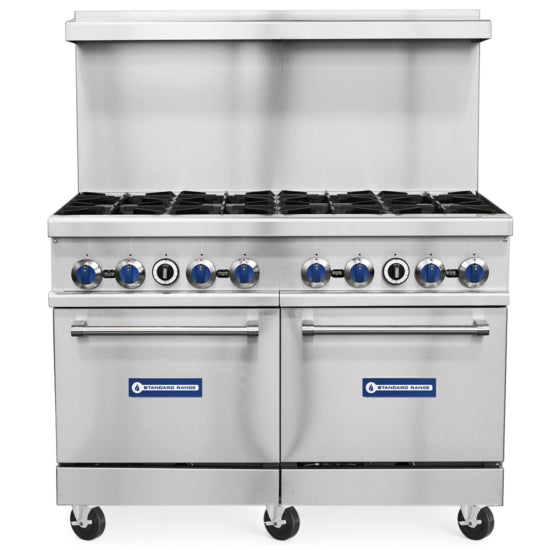 Standard Range SR-R48-NG 48-inch natural gas commercial range with 8 burners and 2 ovens 306000 BTU for high-volume cooking in restaurants and commercial kitchens