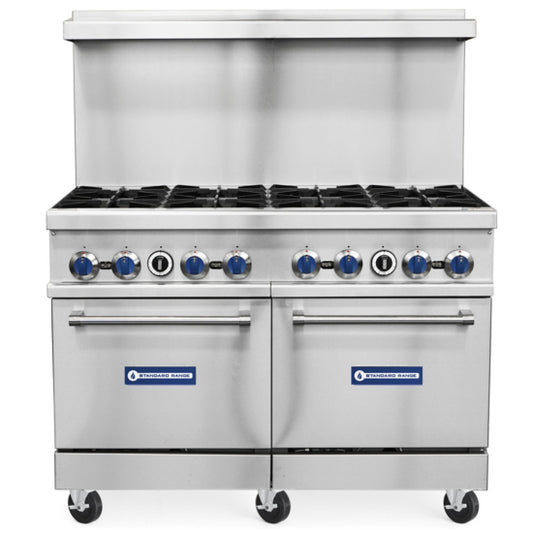 Standard Range SR-R48-NG 48-inch natural gas commercial range with 8 burners and 2 ovens 306000 BTU for high-volume cooking in restaurants and commercial kitchens