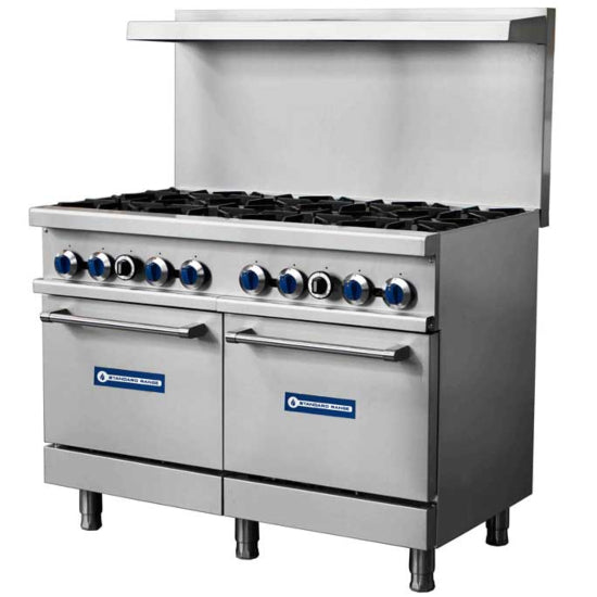 Standard Range SR-R48-LP 48-inch liquid propane commercial range with 8 burners and 2 ovens 306000 BTU for high-volume cooking in restaurants and commercial kitchens