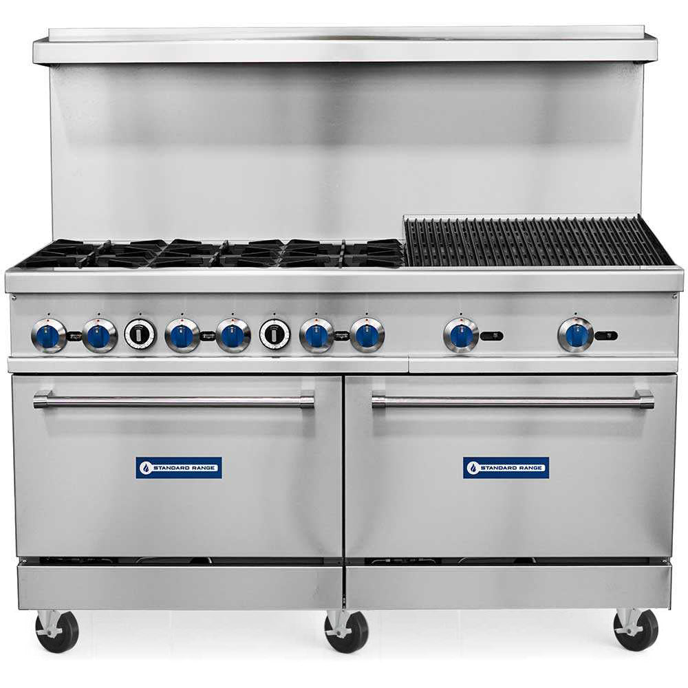 Standard Range SR-R60-24CB-LP 60-inch liquid propane commercial range with 24-inch char-broiler, 6 burners and 2 ovens 306000 BTU for versatile grilling and high-capacity cooking in restaurants and commercial kitchens