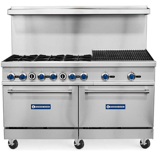 Standard Range SR-R60-24CB-LP 60-inch liquid propane commercial range with 24-inch char-broiler, 6 burners and 2 ovens 306000 BTU for versatile grilling and high-capacity cooking in restaurants and commercial kitchens