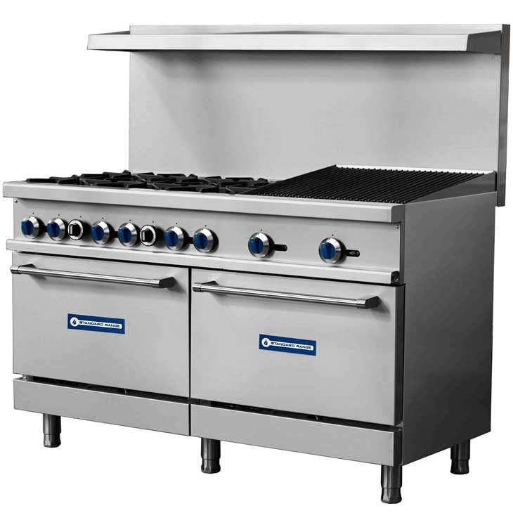 Standard Range SR-R60-24CB-LP 60-inch liquid propane commercial range with 24-inch char-broiler, 6 burners and 2 ovens 306000 BTU for versatile grilling and high-capacity cooking in restaurants and commercial kitchens
