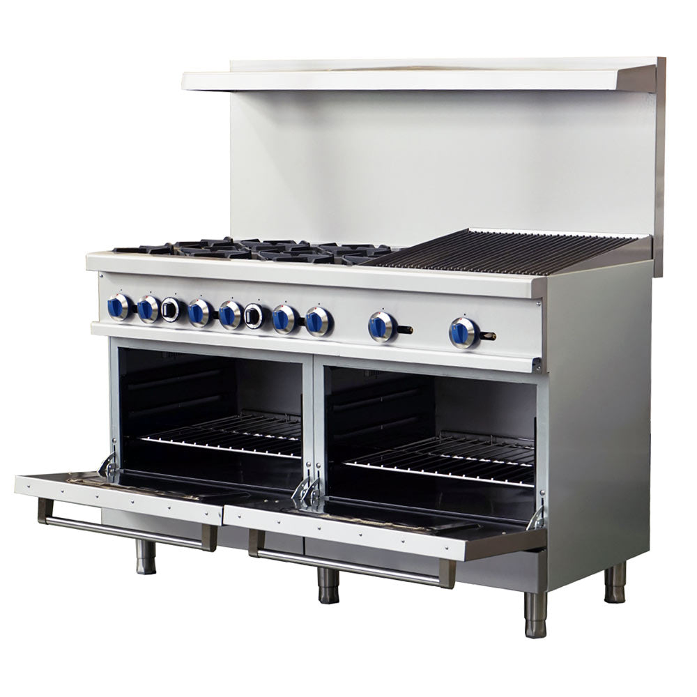 Standard Range SR-R60-24CB-LP 60-inch liquid propane commercial range with 24-inch char-broiler, 6 burners and 2 ovens 306000 BTU for versatile grilling and high-capacity cooking in restaurants and commercial kitchens