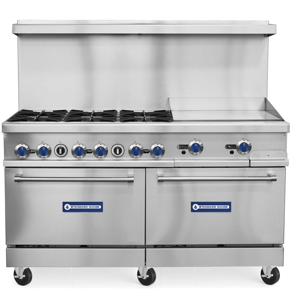 Standard Range SR-R60-24MG-LP 60-inch liquid propane commercial range with 24-inch griddle, 6 burners and 2 ovens 306000 BTU for versatile high-capacity cooking in restaurants and commercial kitchens