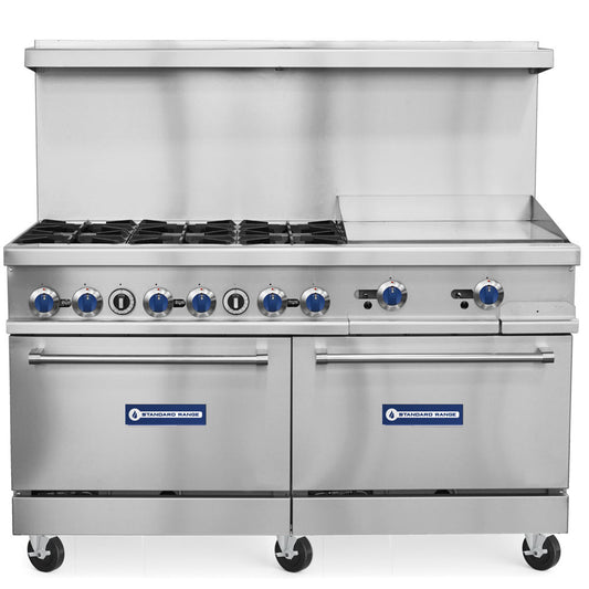 Standard Range SR-R60-24MG-LP 60-inch liquid propane commercial range with 24-inch griddle, 6 burners and 2 ovens 306000 BTU for versatile high-capacity cooking in restaurants and commercial kitchens
