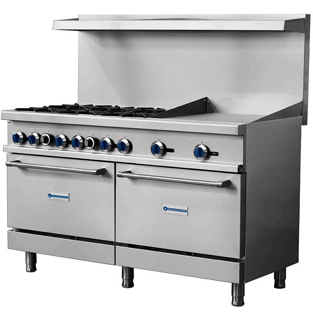 Standard Range SR-R60-24MG-NG 60-inch natural gas commercial range with 24-inch griddle, 6 burners and 2 ovens 306000 BTU for versatile high-capacity cooking in restaurants and commercial kitchens