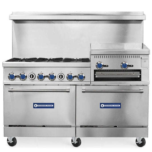 Standard Range SR-R60-24RG-LP 60-inch liquid propane commercial range with 6 burners, 2 ovens and 24-inch raised griddle broiler 306000 BTU for versatile high-capacity cooking in restaurants and commercial kitchens