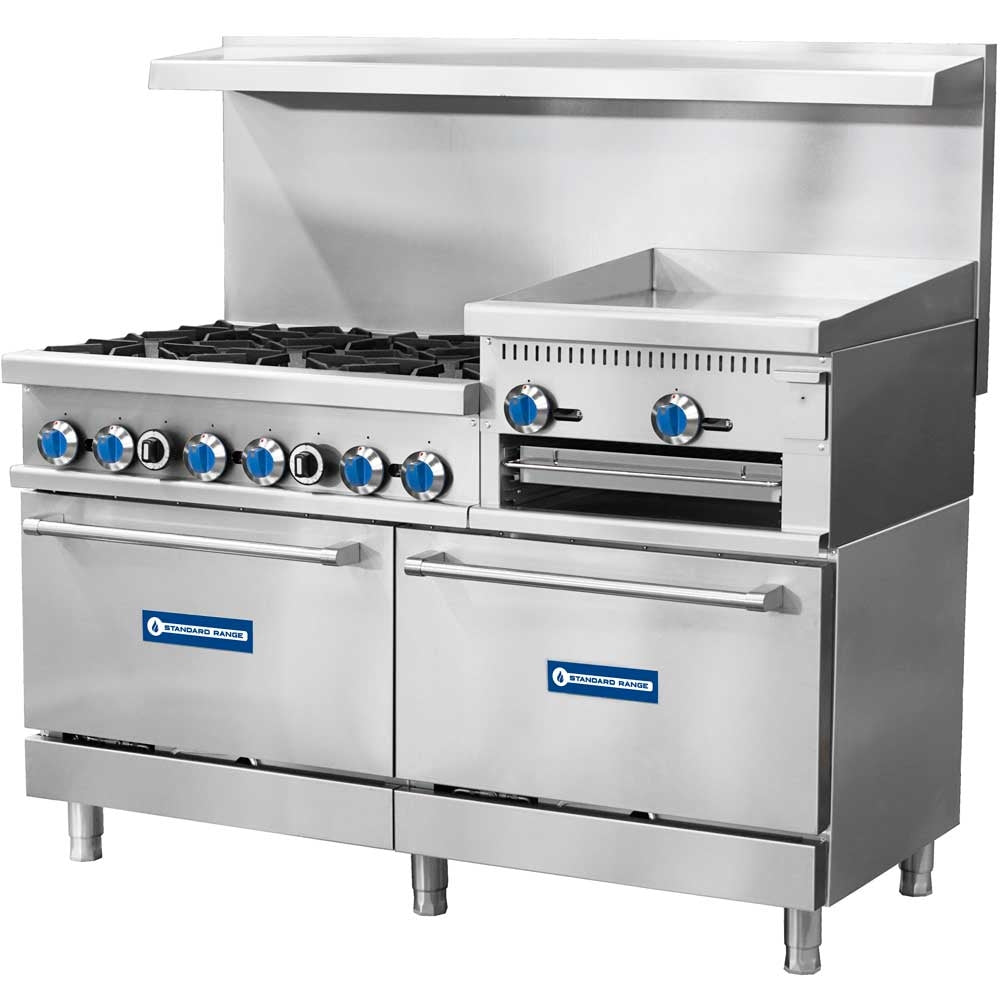 Standard Range SR-R60-24RG-NG 60-inch natural gas commercial range with 6 burners, 2 ovens and 24-inch raised griddle broiler 306000 BTU for versatile high-capacity cooking in restaurants and commercial kitchens