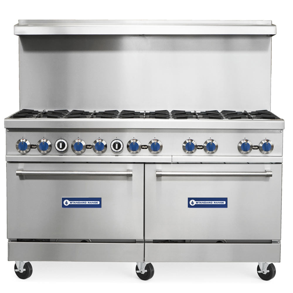 Standard Range SR-R60-LP 60-inch liquid propane commercial range with 10 burners and 2 ovens 366000 BTU for high-volume cooking in restaurants and commercial kitchens