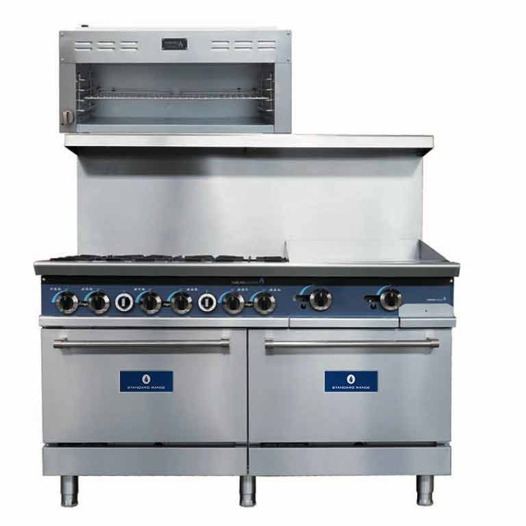 Standard Range SR-R60-24MG-LP 60-inch liquid propane commercial range with 24-inch griddle, 6 burners and 2 ovens 306000 BTU for versatile high-capacity cooking in restaurants and commercial kitchens
