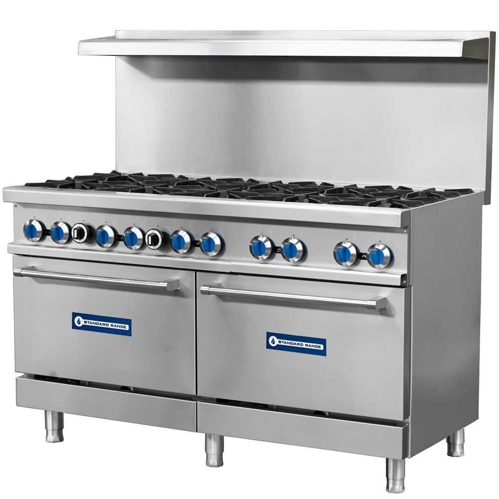 Standard Range SR-R60-NG 60-inch natural gas commercial range with 10 burners and 2 ovens 366000 BTU for high-volume cooking in restaurants and commercial kitchens