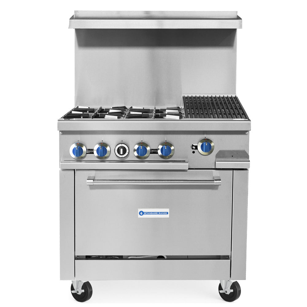 Standard Range SR-R36-12CB-NG 36-inch natural gas commercial range with 12-inch char-broiler top, 4 burners and oven 188000 BTU for versatile grilling and cooking in restaurants and commercial kitchens