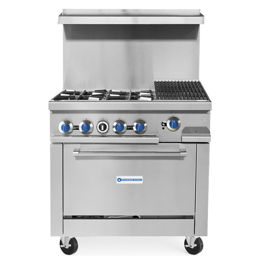 Standard Range SR-R36-12CB-NG 36-inch natural gas commercial range with 12-inch char-broiler top, 4 burners and oven 188000 BTU for versatile grilling and cooking in restaurants and commercial kitchens