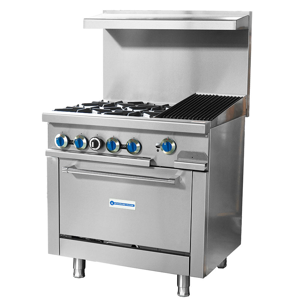 Standard Range SR-R36-12CB-NG 36-inch natural gas commercial range with 12-inch char-broiler top, 4 burners and oven 188000 BTU for versatile grilling and cooking in restaurants and commercial kitchens