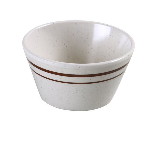 Yanco Bouillon Cup SS-302 is a durable and stylish addition to any food service establishment. With an 8 oz. capacity and measuring 4 inches in diameter and 2 inches in height, this beige melamine cup is perfect for serving soups, salads, side dishes, and more. Crafted from high-quality, break-resistant melamine, it offers the look of ceramic with superior durability. Its smooth surface and wide rim enhance its elegant design, making it a versatile choice for various dining settings. 