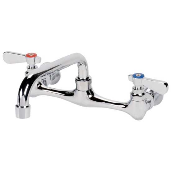 The Prepline PFW-8-8 wall-mounted 8" swing spout sink faucet provides efficient water flow in commercial kitchens, perfect for food prep, cleaning, and dishwashing with its compact and durable design.