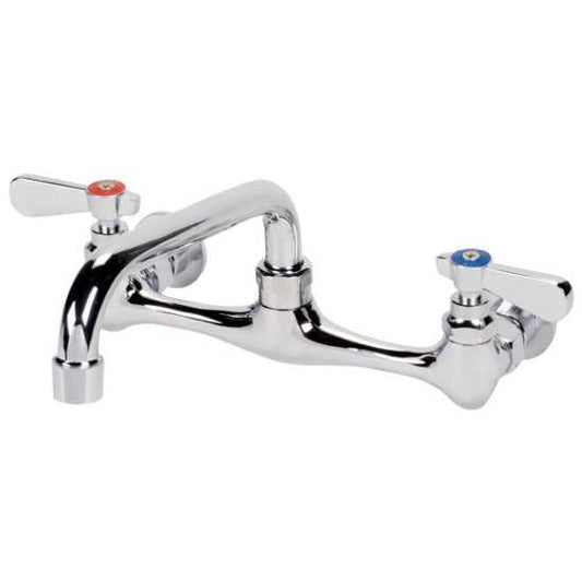 The Prepline PFW-8-8 wall-mounted 8" swing spout sink faucet provides efficient water flow in commercial kitchens, perfect for food prep, cleaning, and dishwashing with its compact and durable design.