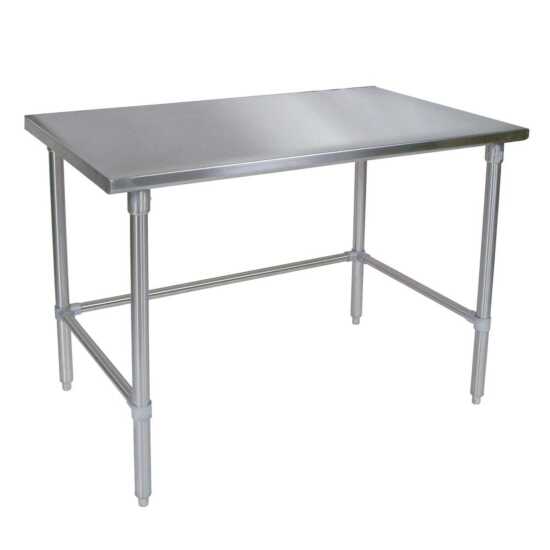 Prepline PWTG-2460-OB stainless steel worktable, dimensions 24 inches deep by 60 inches long, featuring an open base design for easy access and storage in professional kitchen settings.