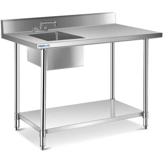 Prepline ST-3048 stainless steel work table featuring a built-in sink and faucet, ideal for food preparation