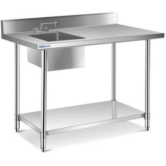 Prepline ST-3048 stainless steel work table featuring a built-in sink and faucet, ideal for food preparation