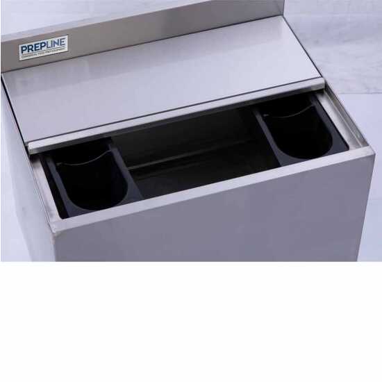 The Prepline 18" x 36" stainless steel underbar ice bin (119 lb. capacity) features a 12" bowl depth, offering ample ice storage and easy access, perfect for enhancing beverage service in commercial bars.