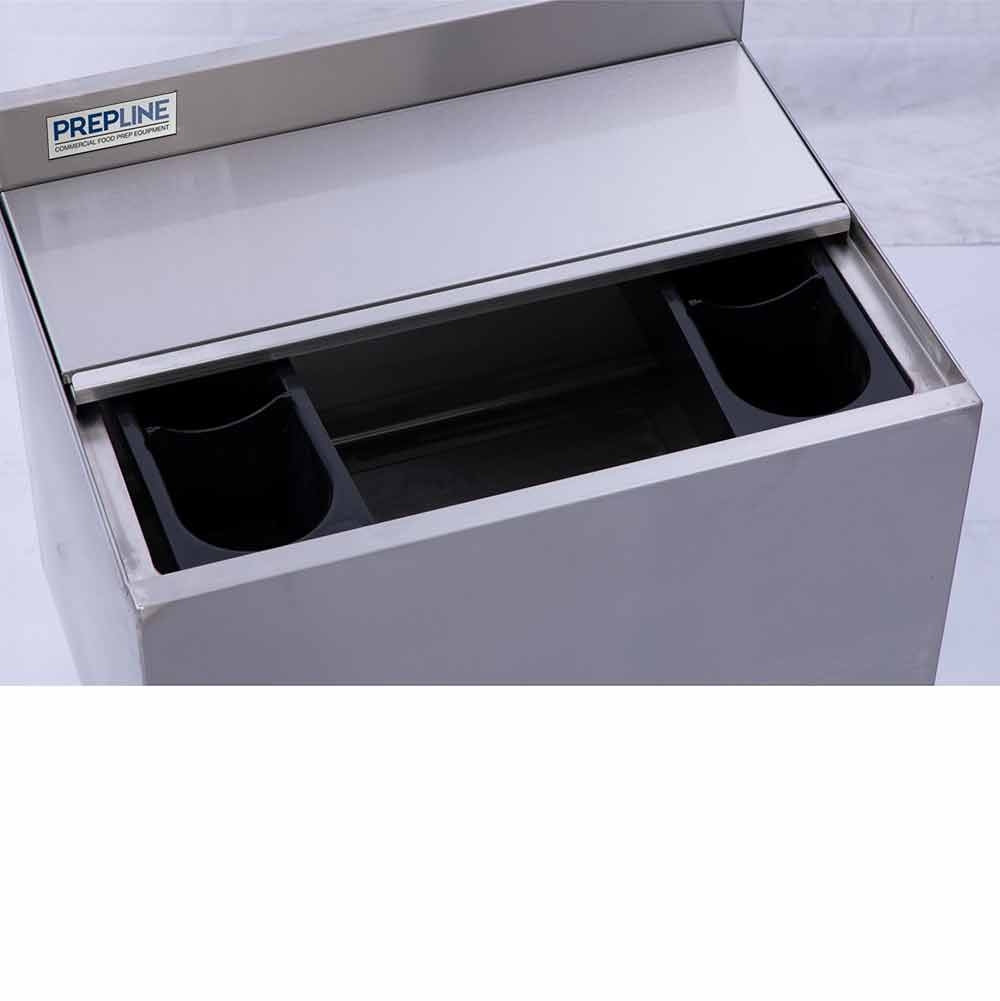 Compact Prepline 18" x 24" stainless steel underbar ice bin with a 77 lb. capacity and 12" bowl depth. Ideal for bars or small spaces, it provides efficient ice storage and accessibility while ensuring durability and a professional appearance.