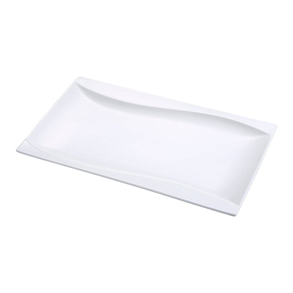 Yanco Rectangular Plate SW-216 is a refined and versatile choice for serving large sharing meals, assorted appetizers, and main courses. Crafted from high-quality porcelain, it features a smooth white glaze and distinctive sea wave-shaped sides that enhance food presentation. Its spacious design provides ample room for creative plating while ensuring durability for frequent use. 